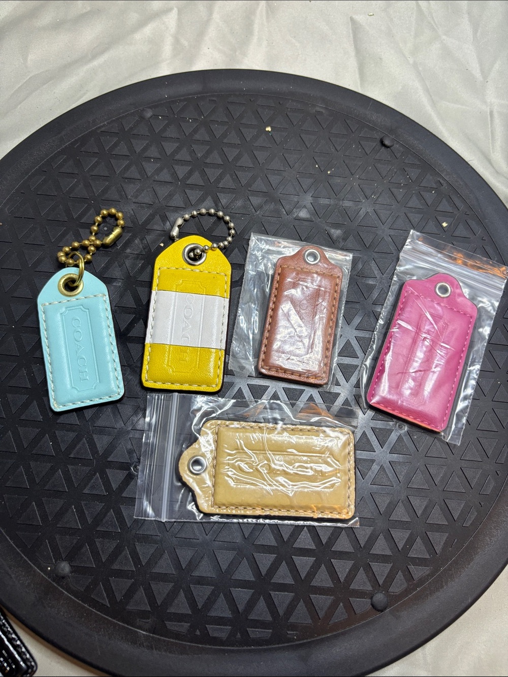 Coach Leather Key/Luggage Tags in Blue, Yellow, Brown, Pink, Tan